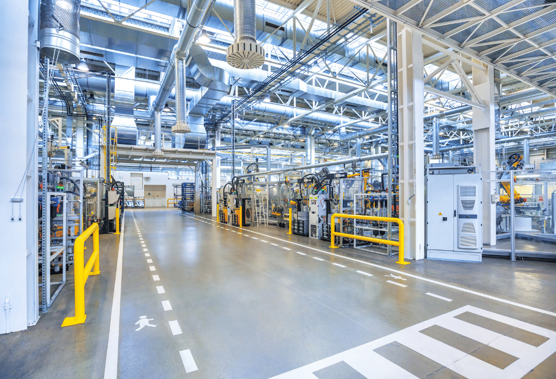 Engineering factory with anti static flooring and demarcation to enhance safety for workers and visitors.  