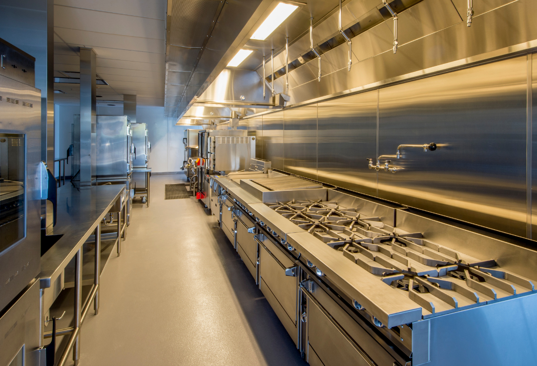 Commercial kitchen with a new heavy duty polyurethane floor. 